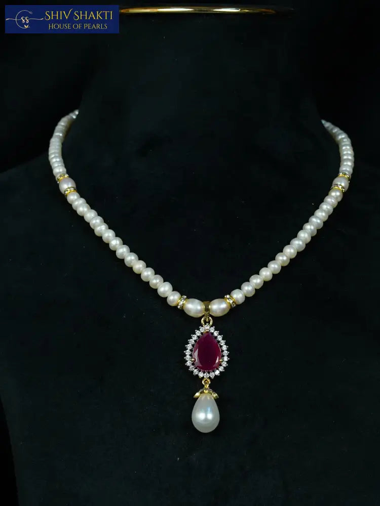 Drop Ruby Pearl Necklace Pearl Necklace / Mala
