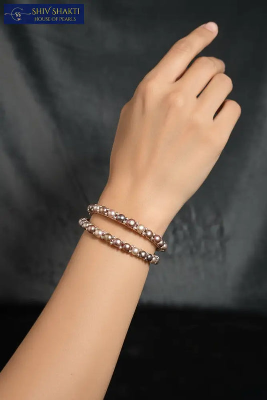 Elegant Button Pearl Bangle - Crystal Accent Design Pearl Bangles
