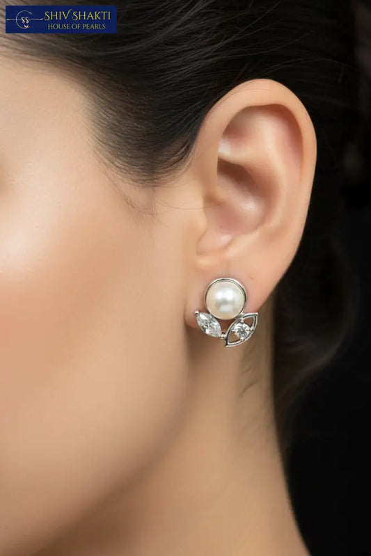Elegant Leaf Pearl Stud Pearl Studs
