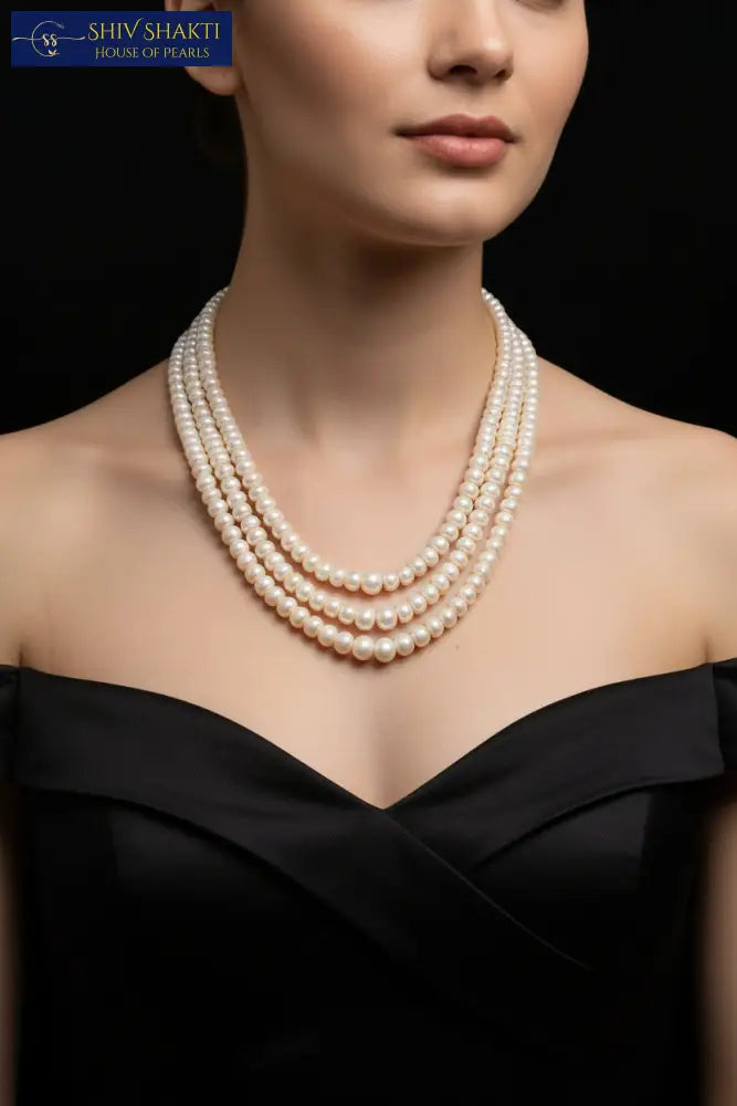 Flat Pearl Mala 3 Lines 20-21 inches / 3-4 mm Necklace / Mala