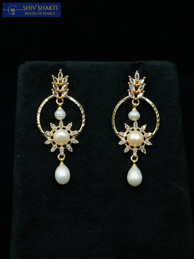 Gold Plated Sunburst Pearl Drop earring Pearl Earrings