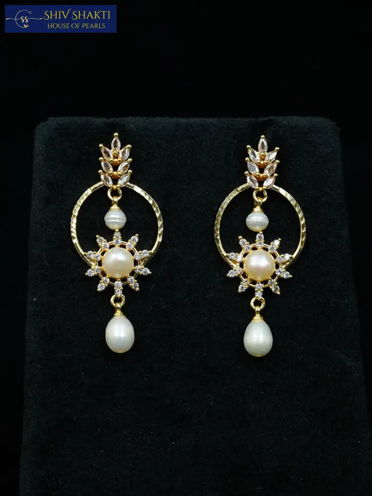 Gold Plated Sunburst Pearl Drop earring Pearl Earrings