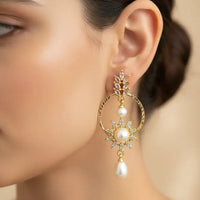 Gold Plated Sunburst Pearl Drop earring Pearl Earrings