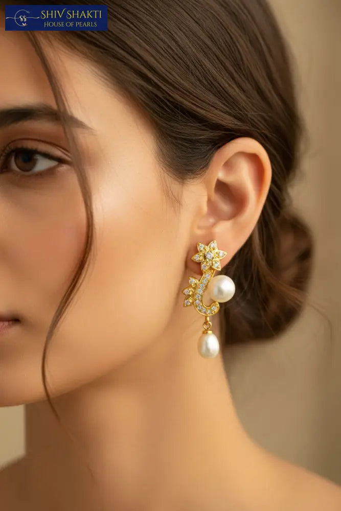 Golden Floral Pearl Drop Earring Pearl Earrings