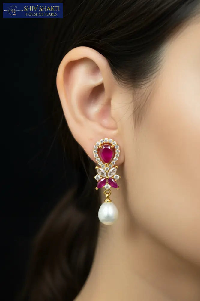Golden Ruby Floral Pearl Drop Pearl Earrings