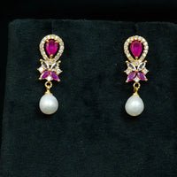 Golden Ruby Floral Pearl Drop Pearl Earrings