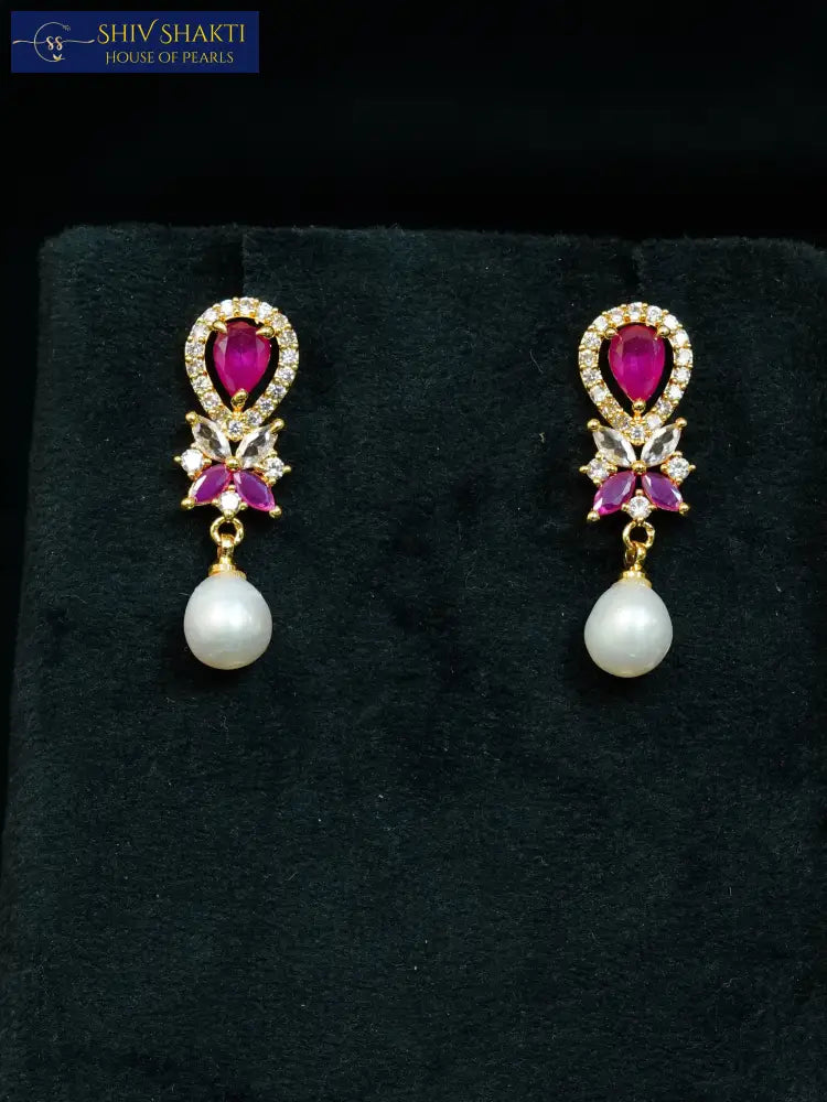 Golden Ruby Floral Pearl Drop Pearl Earrings