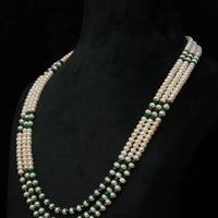 Green Stone with Pearl 3 lines Necklace / Mala
