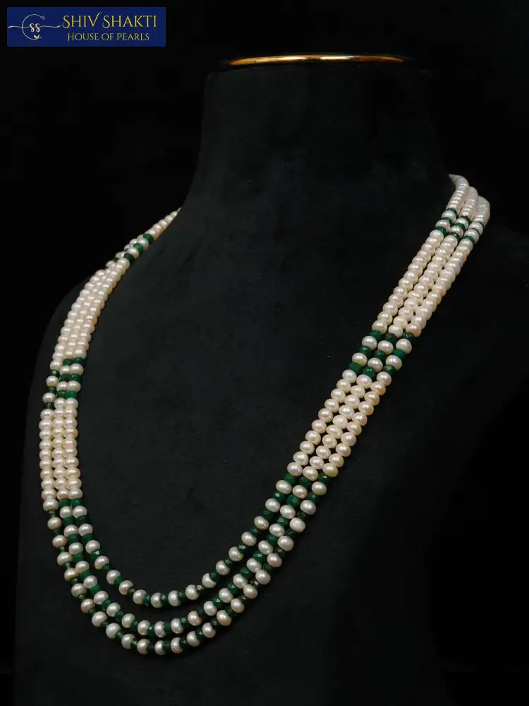 Green Stone with Pearl 3 lines Necklace / Mala