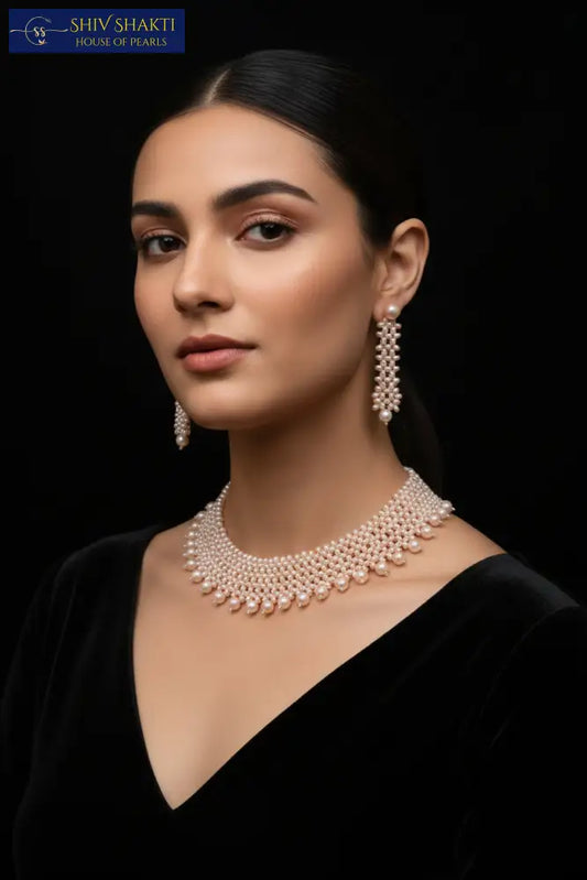 Pearl necklace and earrings set on a black stand with a black background