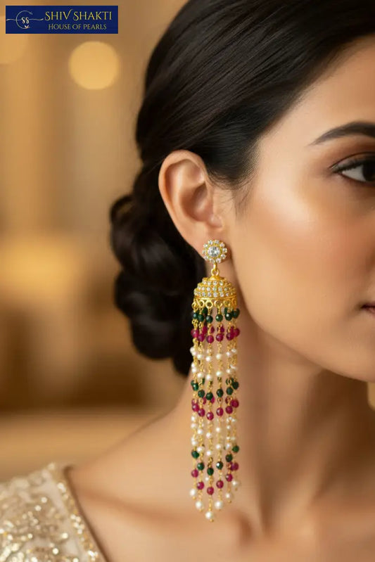 kundan chain drops Pearl Studs