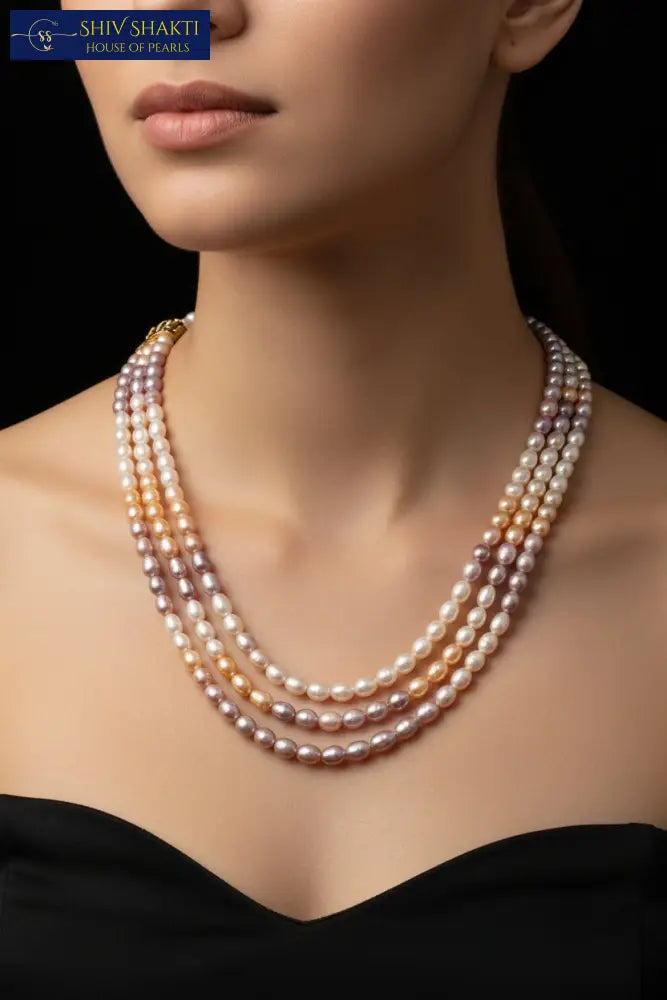 Oval 3 color Pearl Necklace 20-21 Inches / 4-5mm Necklace / Mala