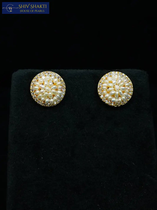 pave halo disc studs Pearl Studs