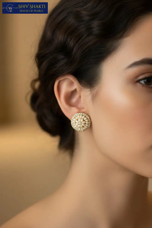 pave halo disc studs Pearl Studs