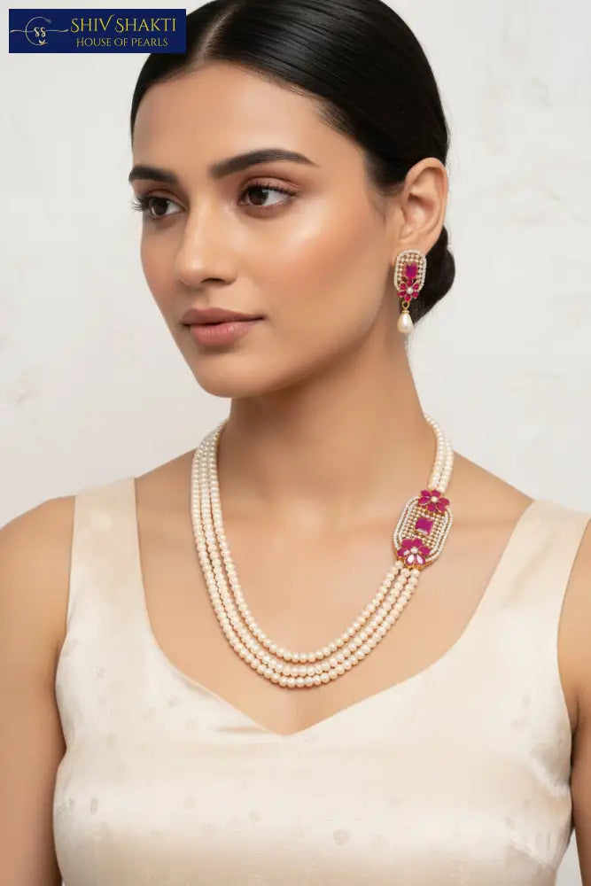 Pearl Brooch With CZ onyx Necklace / Mala