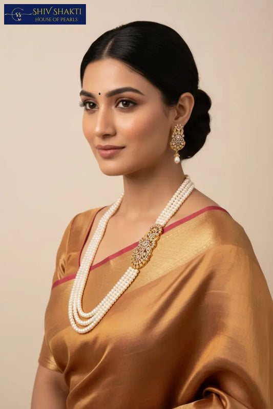 Pearl Brooch with CZ stone Pearl Necklace / Mala