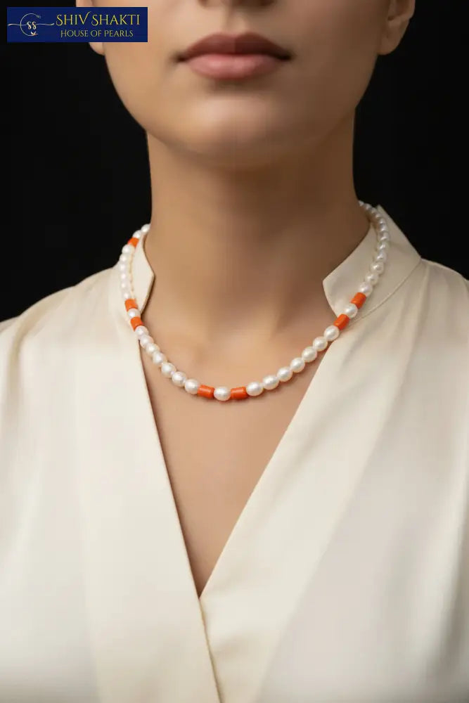 Pearl Coral Mala Single Line Necklace / Mala