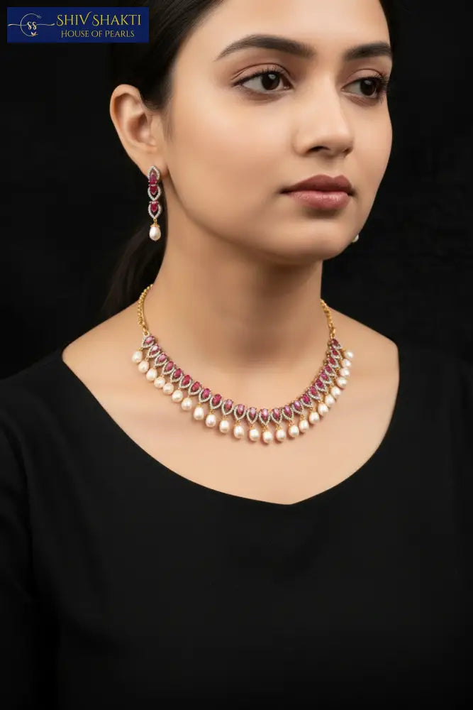 Pearl Drop With CZ Stone Pearl Necklace / Mala