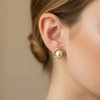 Pearl Stud With Gold Halo Design Pearl Studs