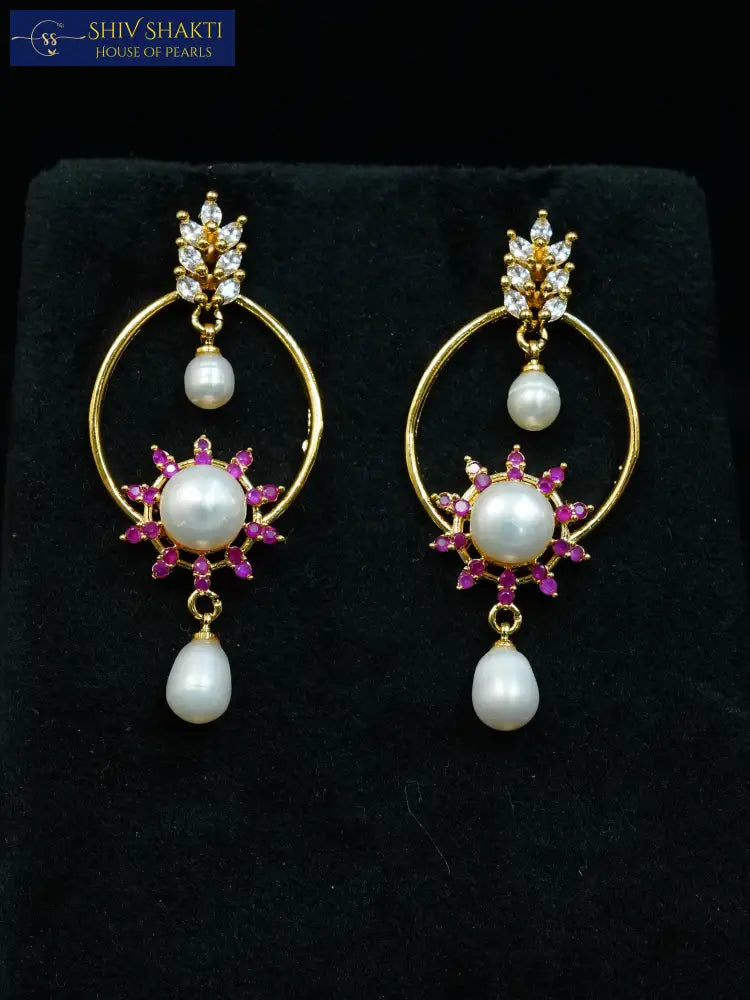 pink and white stone jhumka Pearl Earrings