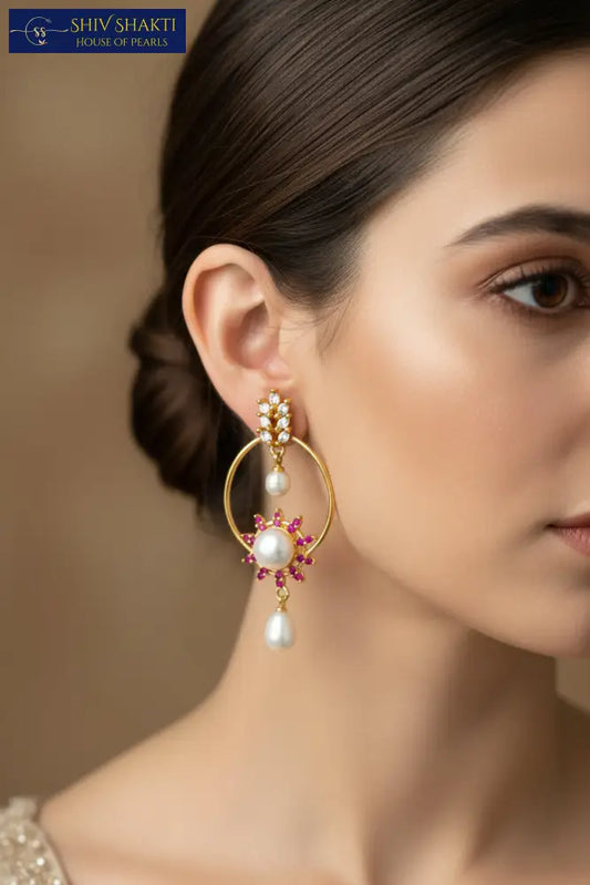 pink and white stone jhumka Pearl Earrings