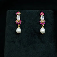 Pink Gemstones Detailing With Pearl Drop Pearl Earrings