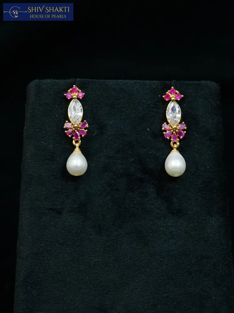 Pink Gemstones Detailing With Pearl Drop Pearl Earrings