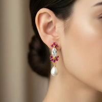 Pink Gemstones Detailing With Pearl Drop Pearl Earrings