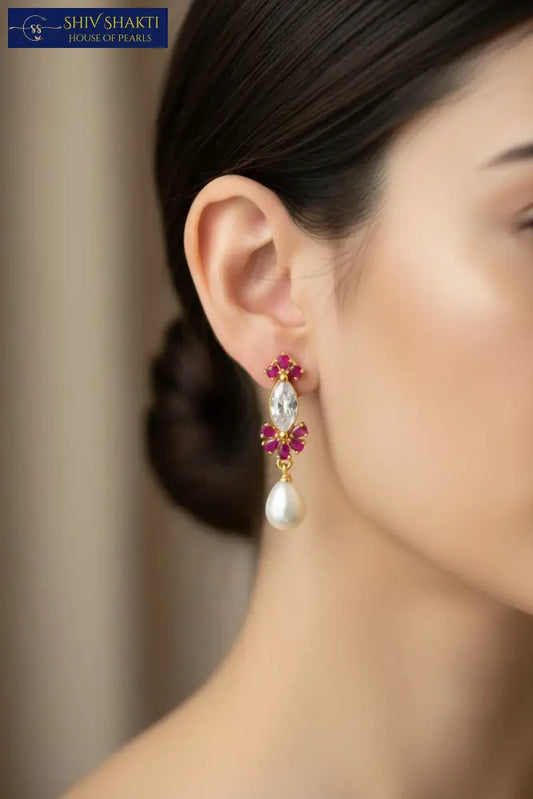 Pink Gemstones Detailing With Pearl Drop Pearl Earrings