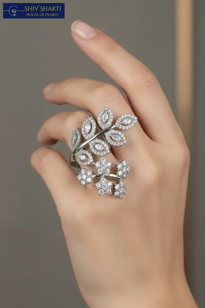 Pure Silver Flower Leaf Cocktail Ring Silver Jewellery