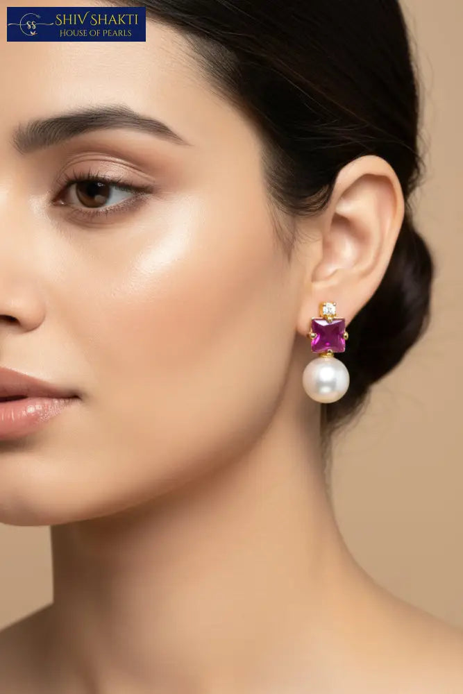 Purple Cube Pearl Drop Pearl Studs