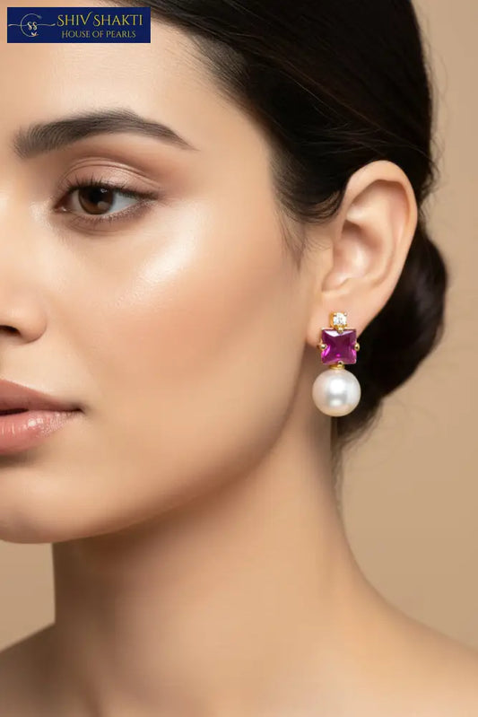 Purple Cube Pearl Drop Pearl Studs