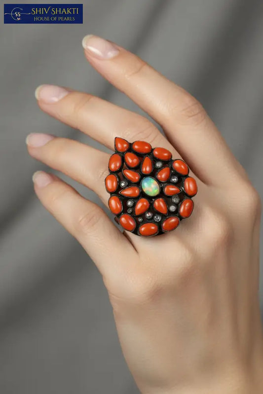 Real Coral Leaf Ring Silver Jewellery