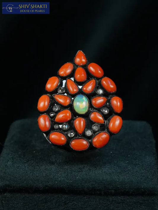 Real Coral Leaf Ring Silver Jewellery