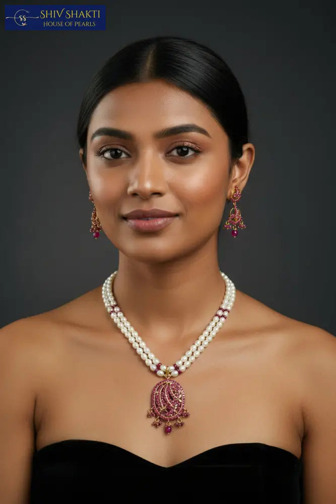 Real Ruby Pearl Necklace Pearl Necklace / Mala