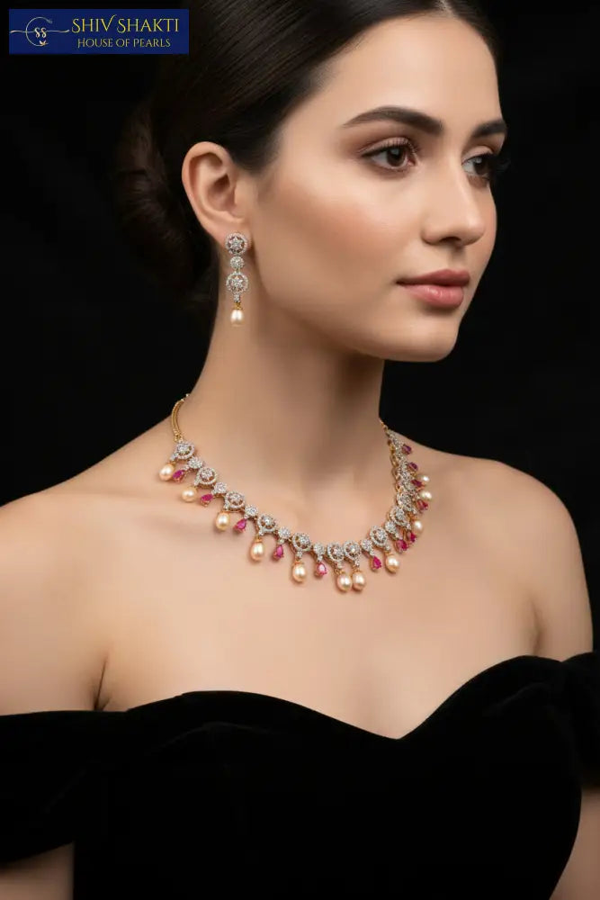 Red Onyx With Pearl Drop Necklace / Mala