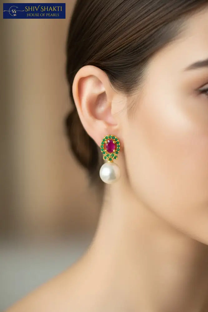 Regal Ruby Pearl Danglers Pearl Earrings