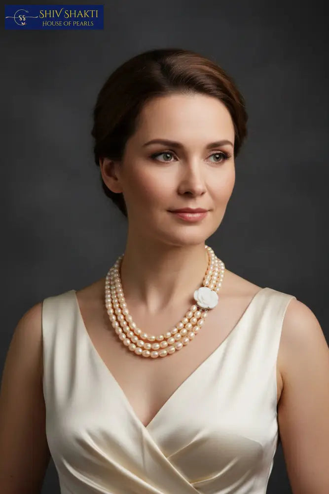 Rose Pearl Brooch Necklace 4-5 mm / 20-21 inches Necklace / Mala