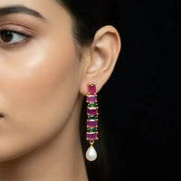 Ruby and Pearl Hanging Pearl Earrings