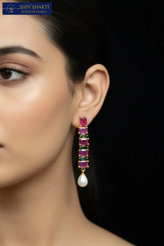 Ruby and Pearl Hanging Pearl Earrings