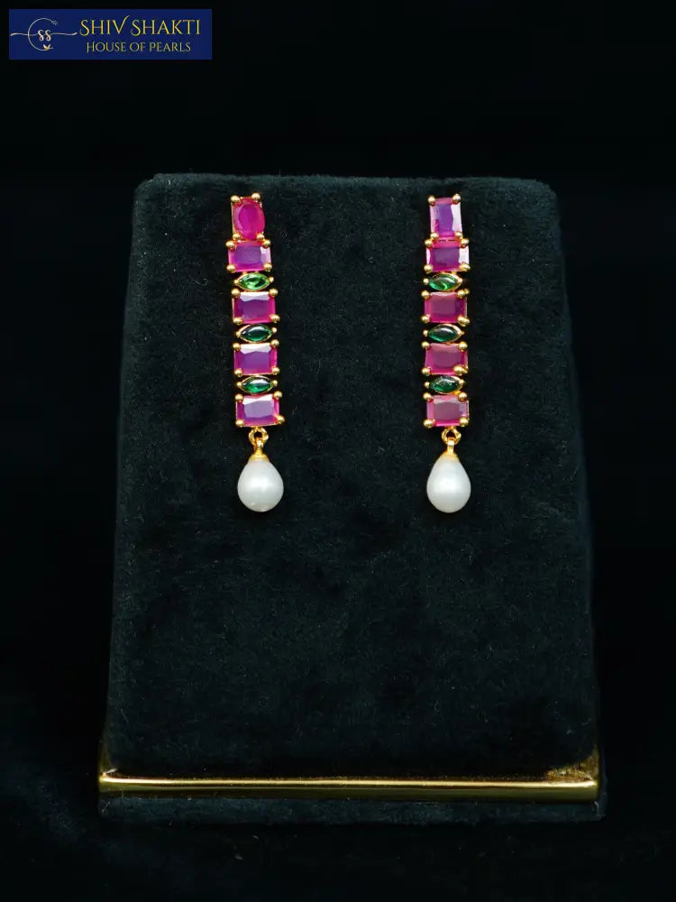 Ruby and Pearl Hanging Pearl Earrings