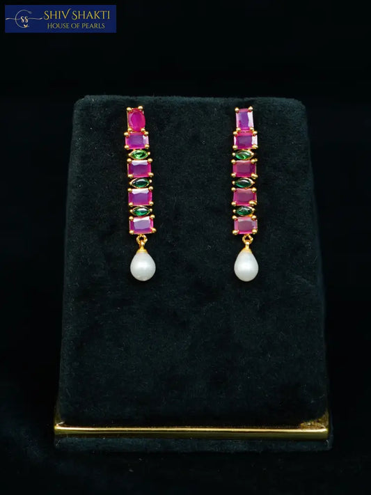 Ruby and Pearl Hanging Pearl Earrings