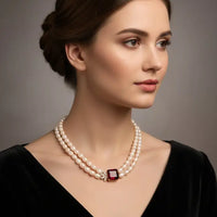 Ruby Brooch with Pearl Necklace / Mala