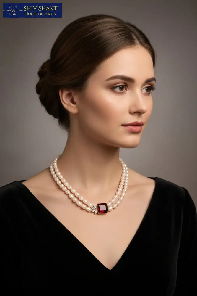 Ruby Brooch with Pearl Necklace / Mala