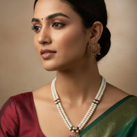 Ruby Emerald Flower Necklace Pearl Necklace / Mala