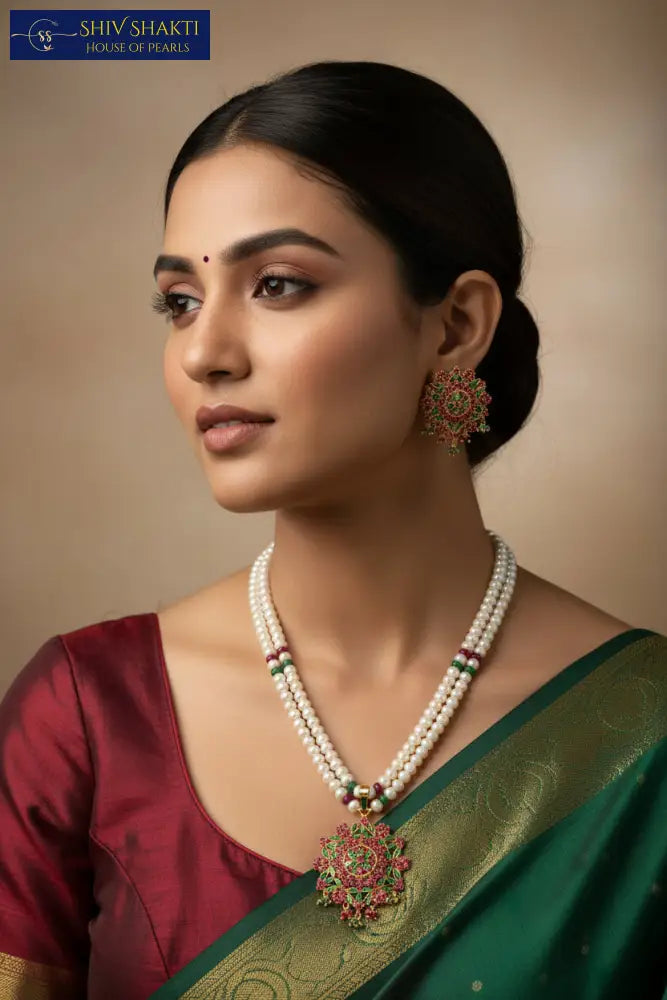 Ruby Emerald Flower Necklace Pearl Necklace / Mala