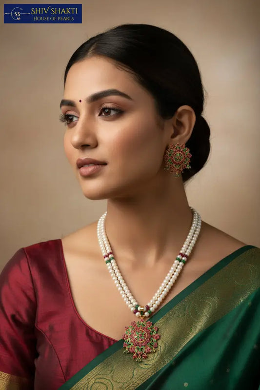 Ruby Emerald Flower Necklace Pearl Necklace / Mala