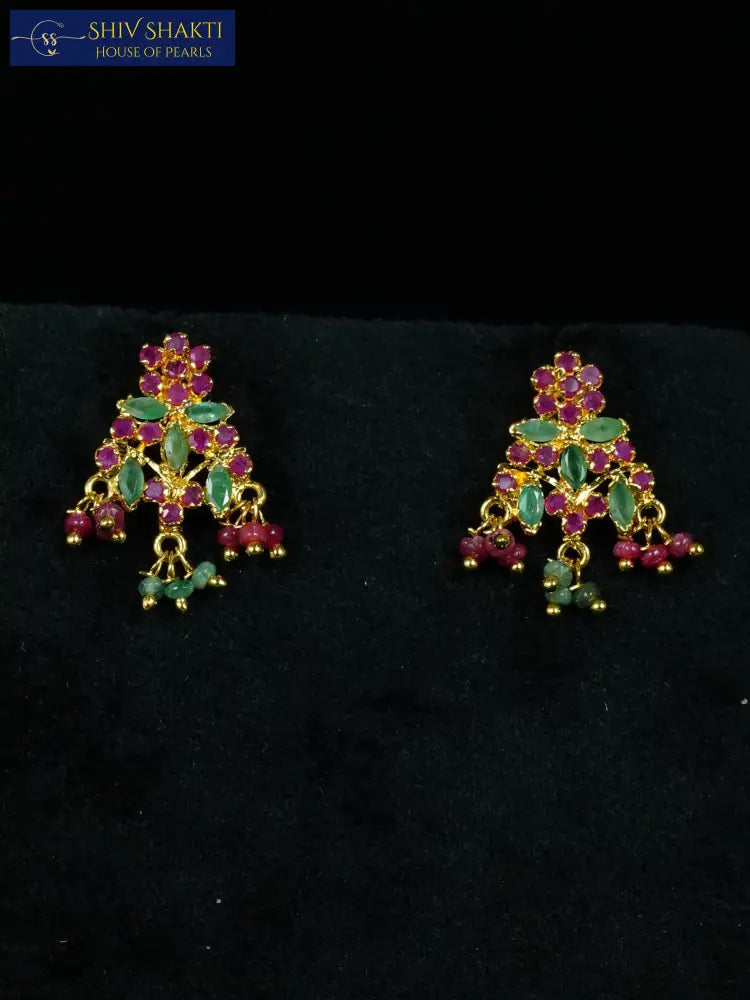 Ruby Emerald Flower Necklace Pearl Necklace / Mala