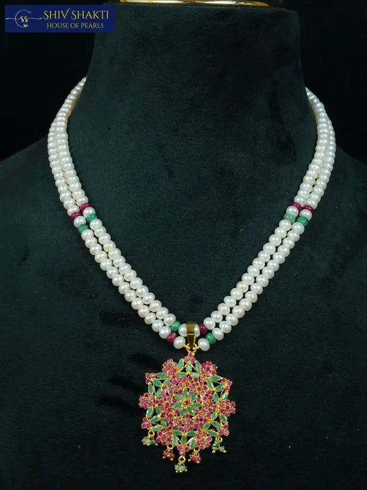 Ruby Emerald Flower Necklace Pearl Necklace / Mala