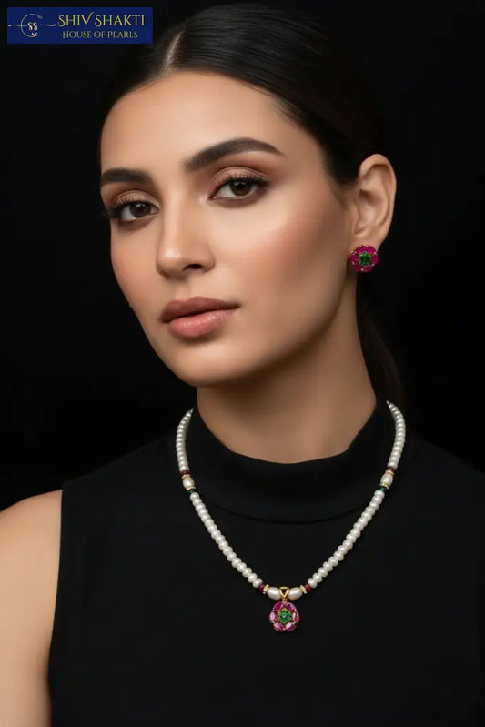 Ruby Emerald Flower Pendant Necklace / Mala